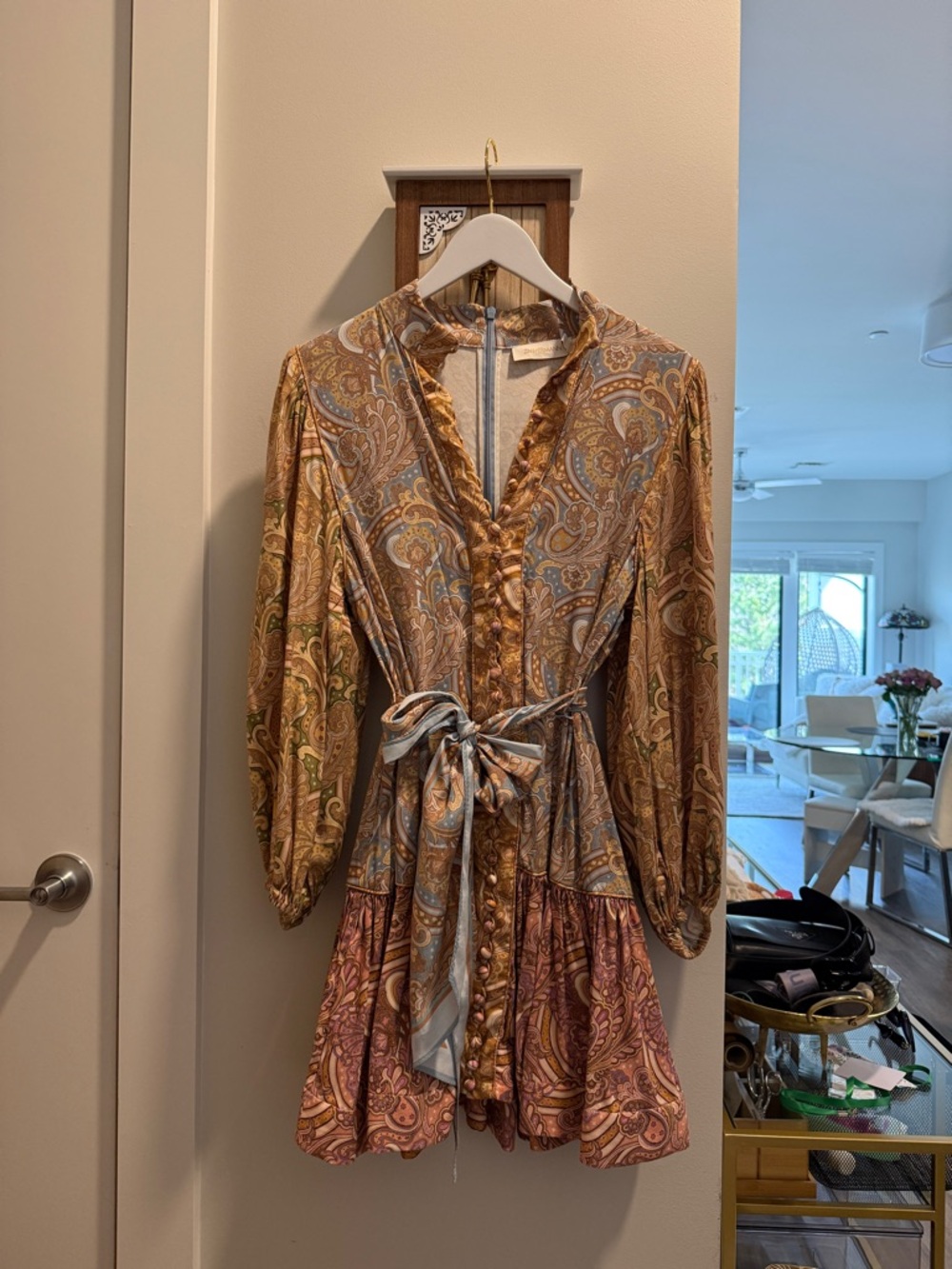 Zimmermann Paisley Ruffle-Tie Mini Dress - Brown Multi with Blue Accents